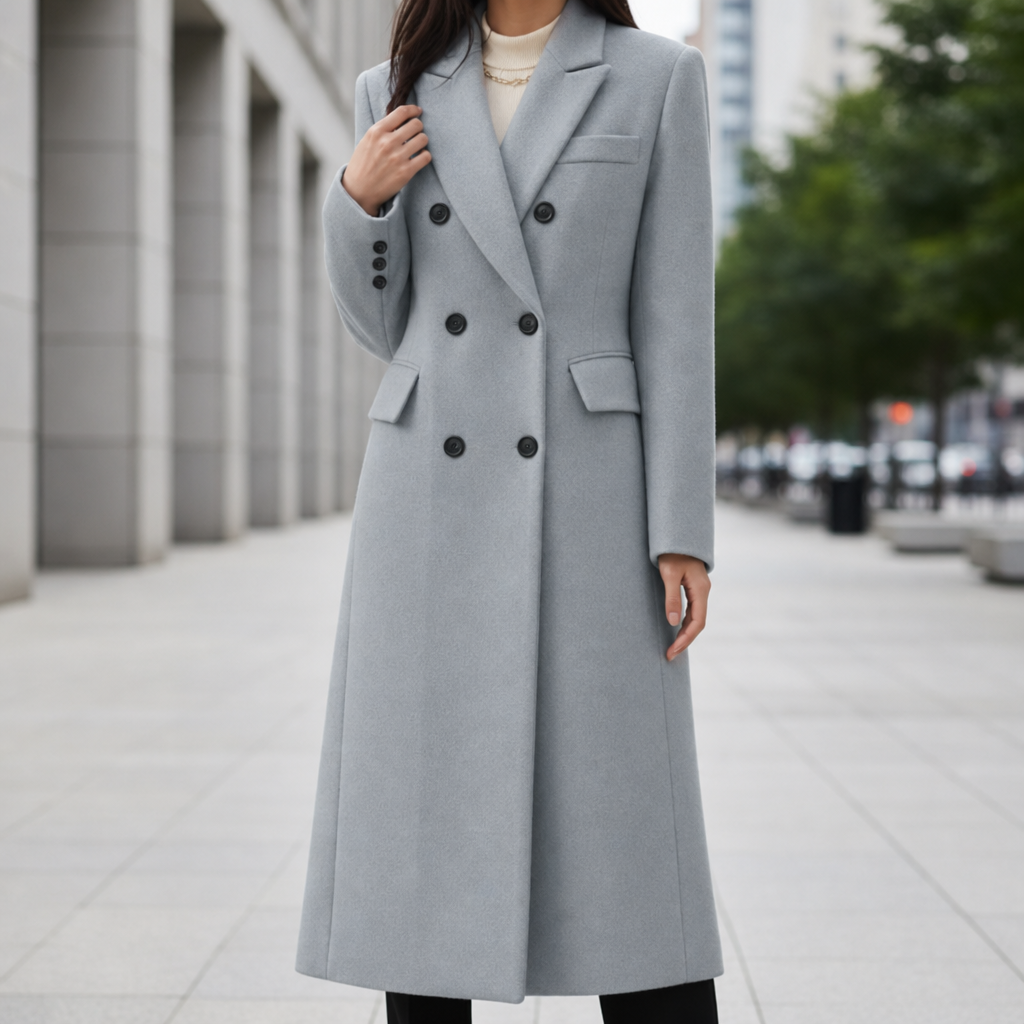 Chania Double Breasted Wool Overcoat in Gray