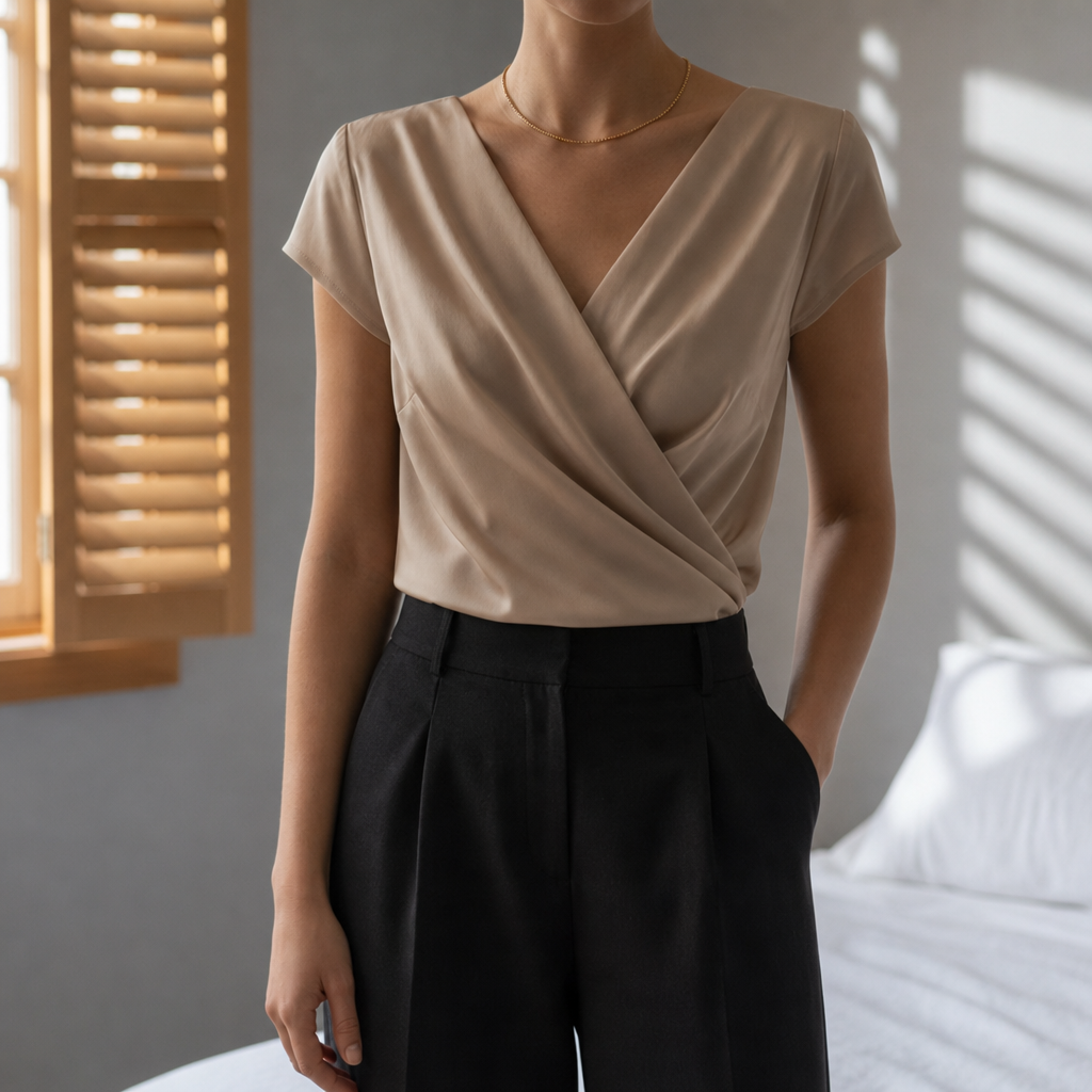 Perpignan Draped Wrap Blouse in Khaki