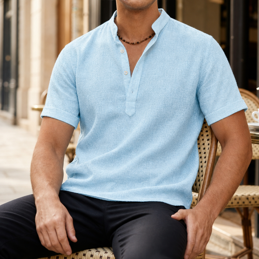 Polignano Linen Henley Shirt in Light Blue