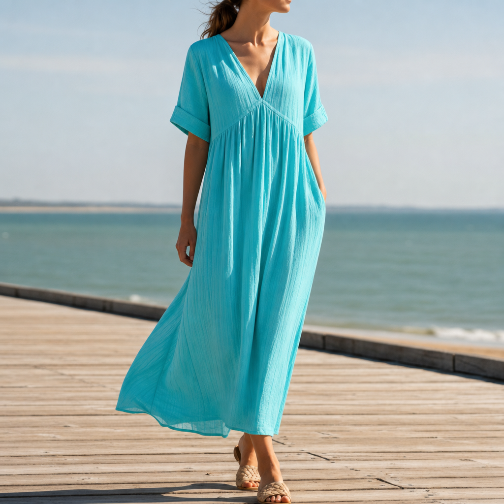 Trogir Relaxed Linen Maxi Dress in Light Blue