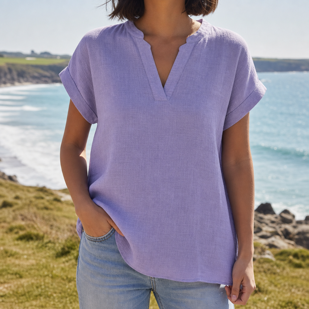 Tarifa Notched V-Neck Blouse in Light Purple