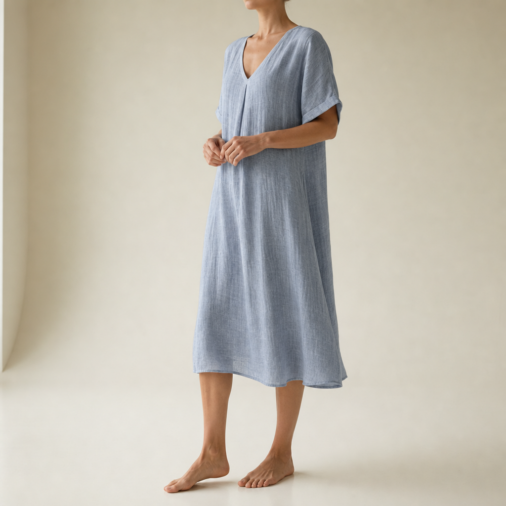 Sifnos Relaxed Linen Midi Dress in Lighte Blue