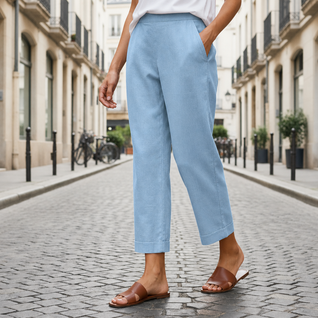 Birgu Cropped Linen Trousers in Mist Blue