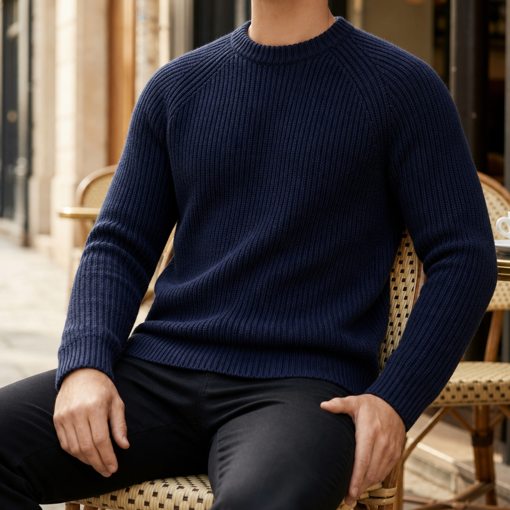 Porec Fisherman Rib Knit Sweater in Navy Blue