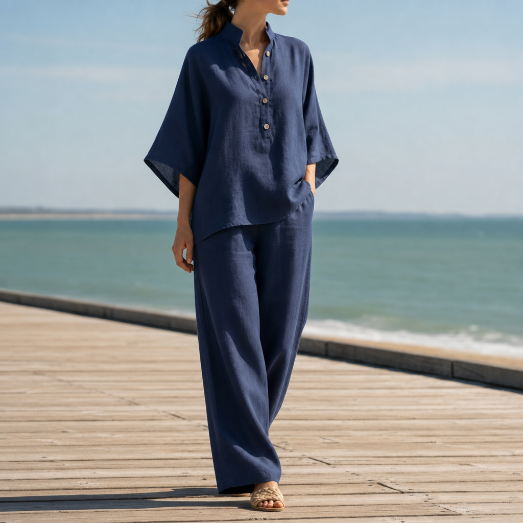 Kakopetria Linen Kimono Sleeve Set in Navy