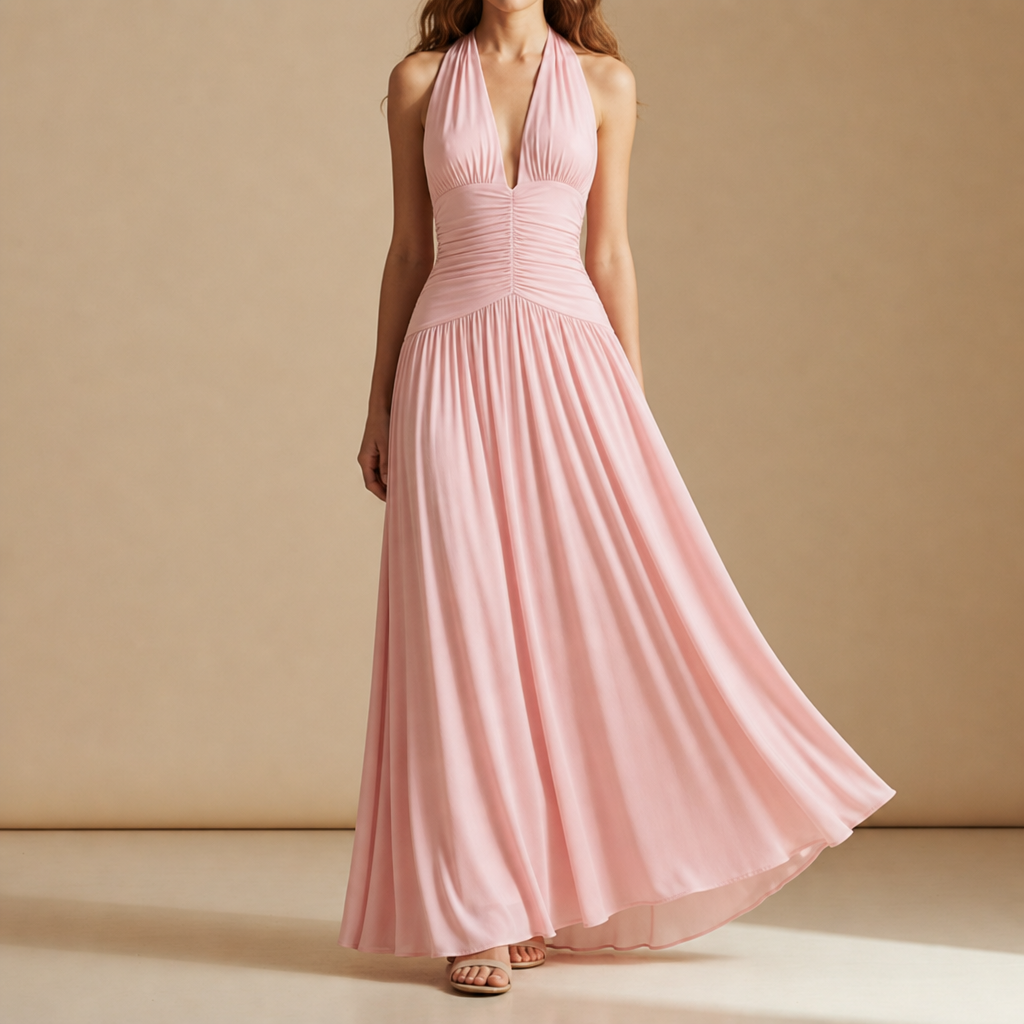 Almeria Ruched Halter Maxi Dress in Pink