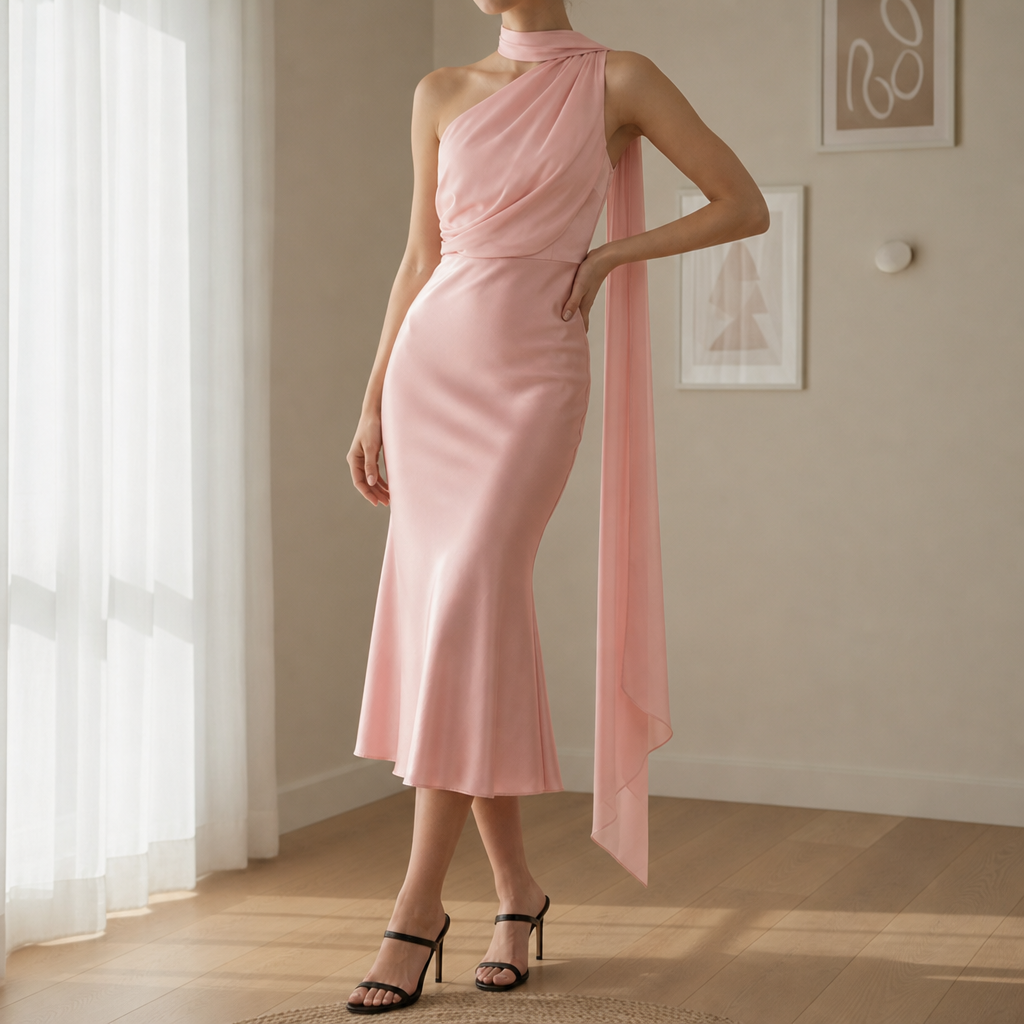 Gythio Satin Mermaid Midi Dress in Pink