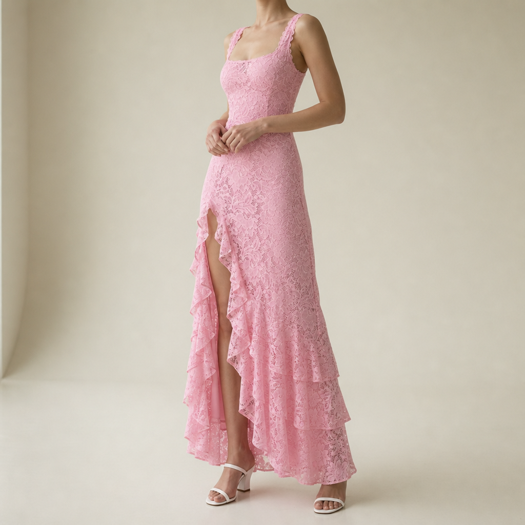 Ravello Lace Ruffle Maxi Dress in Pink