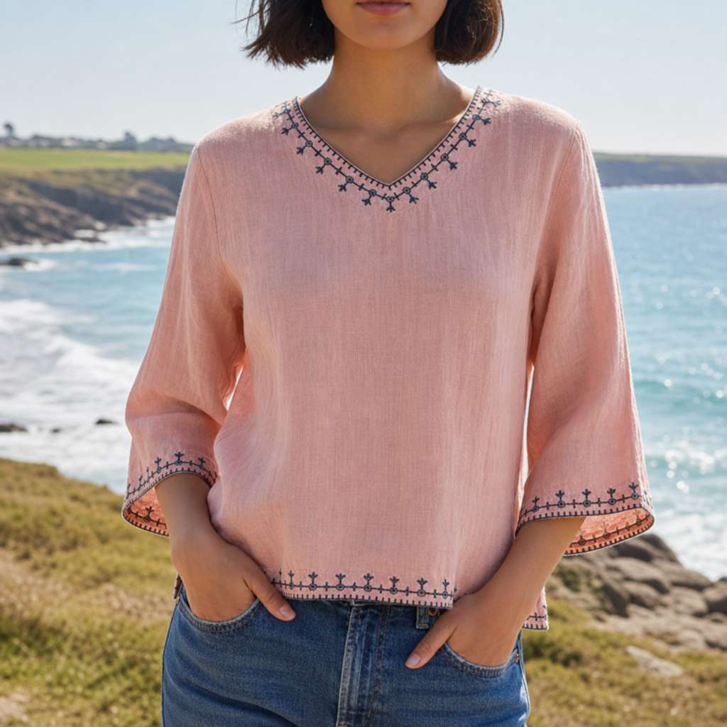Merano Embroidered Linen Blouse in Pink