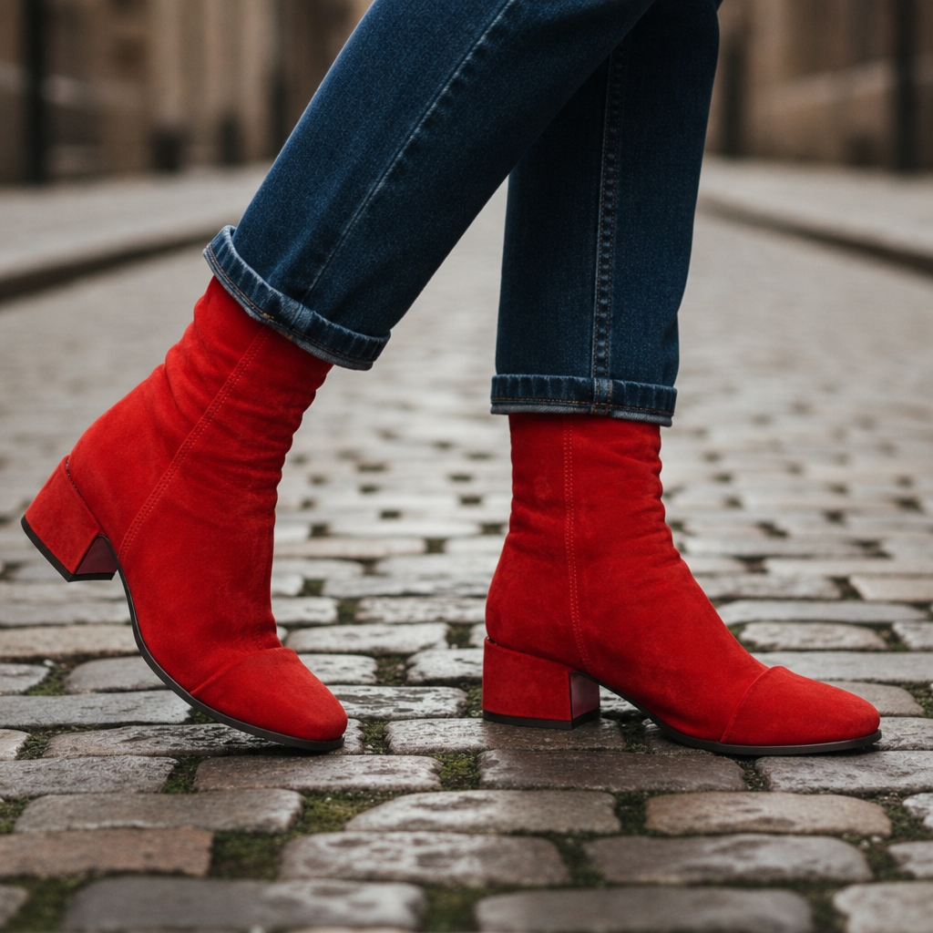 Tarifa Suede Block-Heel Boots in Red