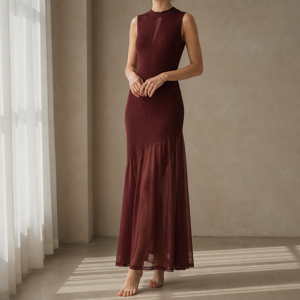 Coimbra Ribbed Mesh Mermaid Dress in Red