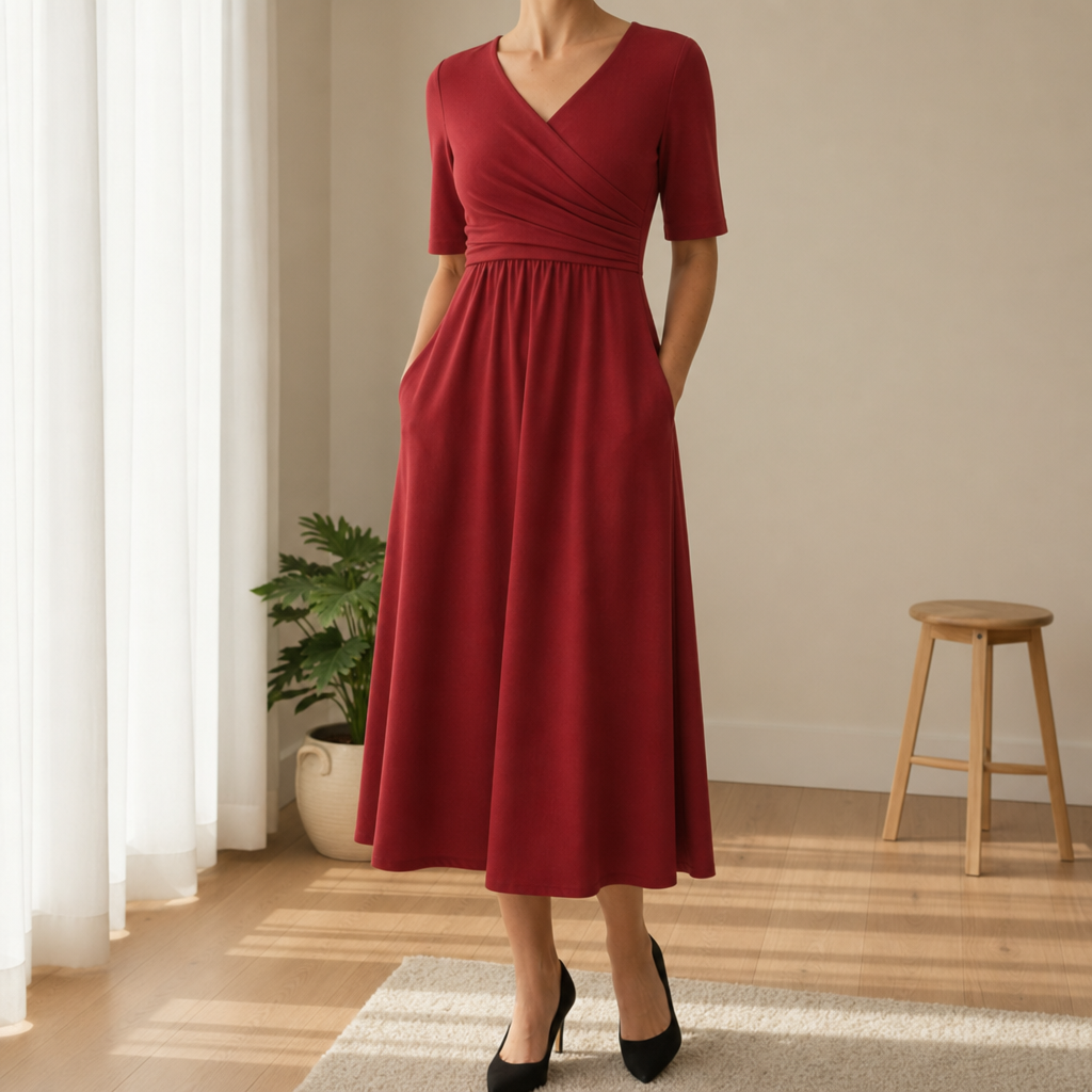 Rethymno Crossover Bodice Midi Dress in Red