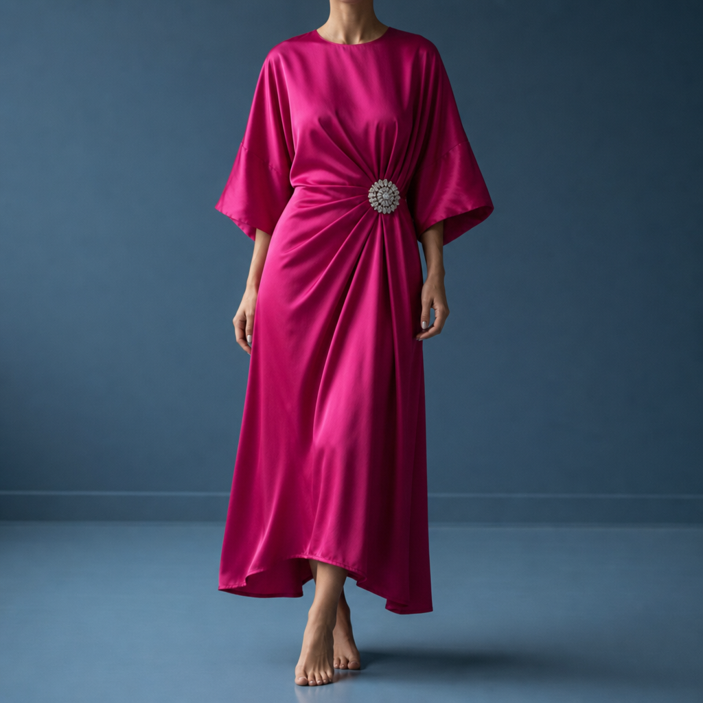 Salamanca Ruched Satin Midi Dress in Rose red