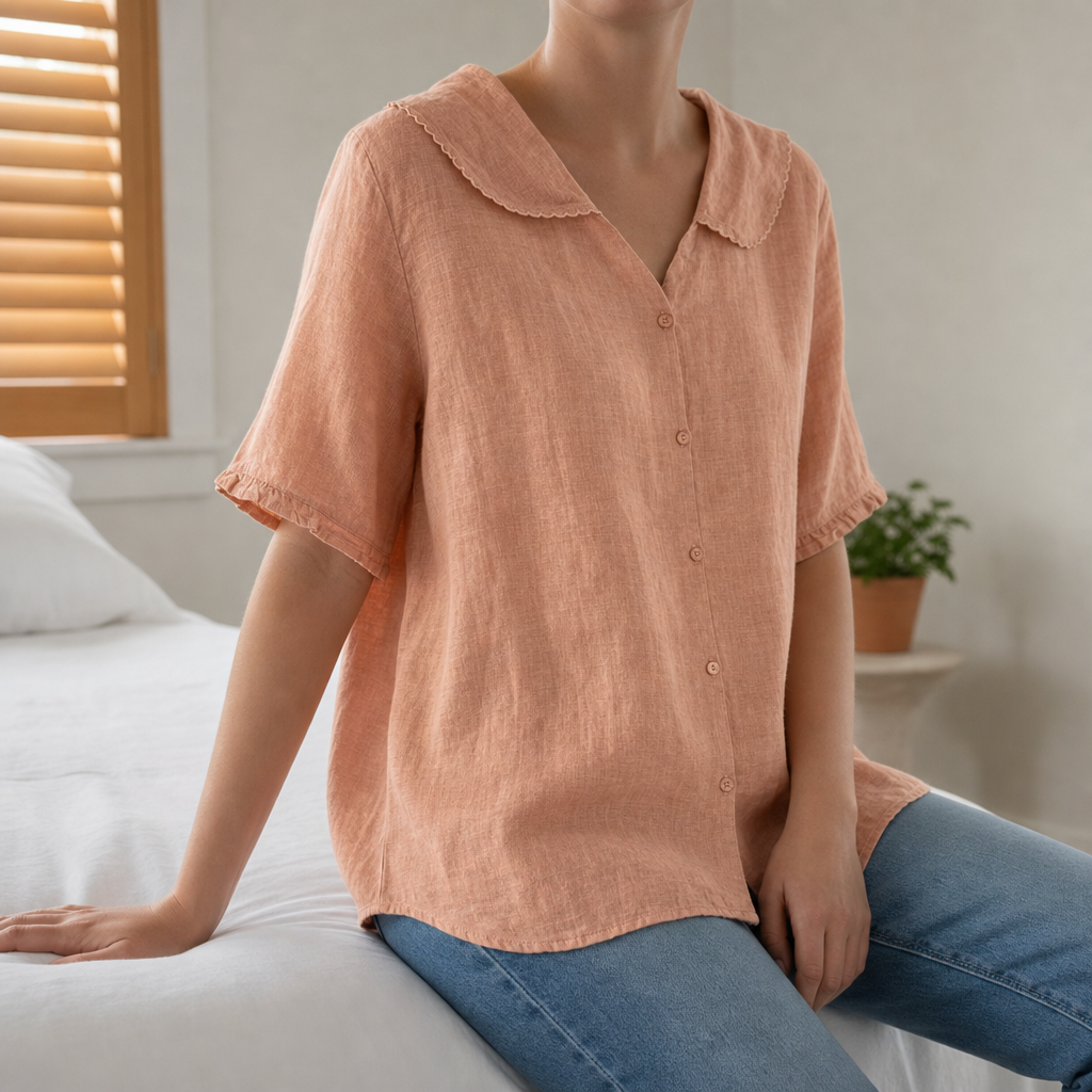 Zakynthos Doll Collar Linen Blouse in Salmon