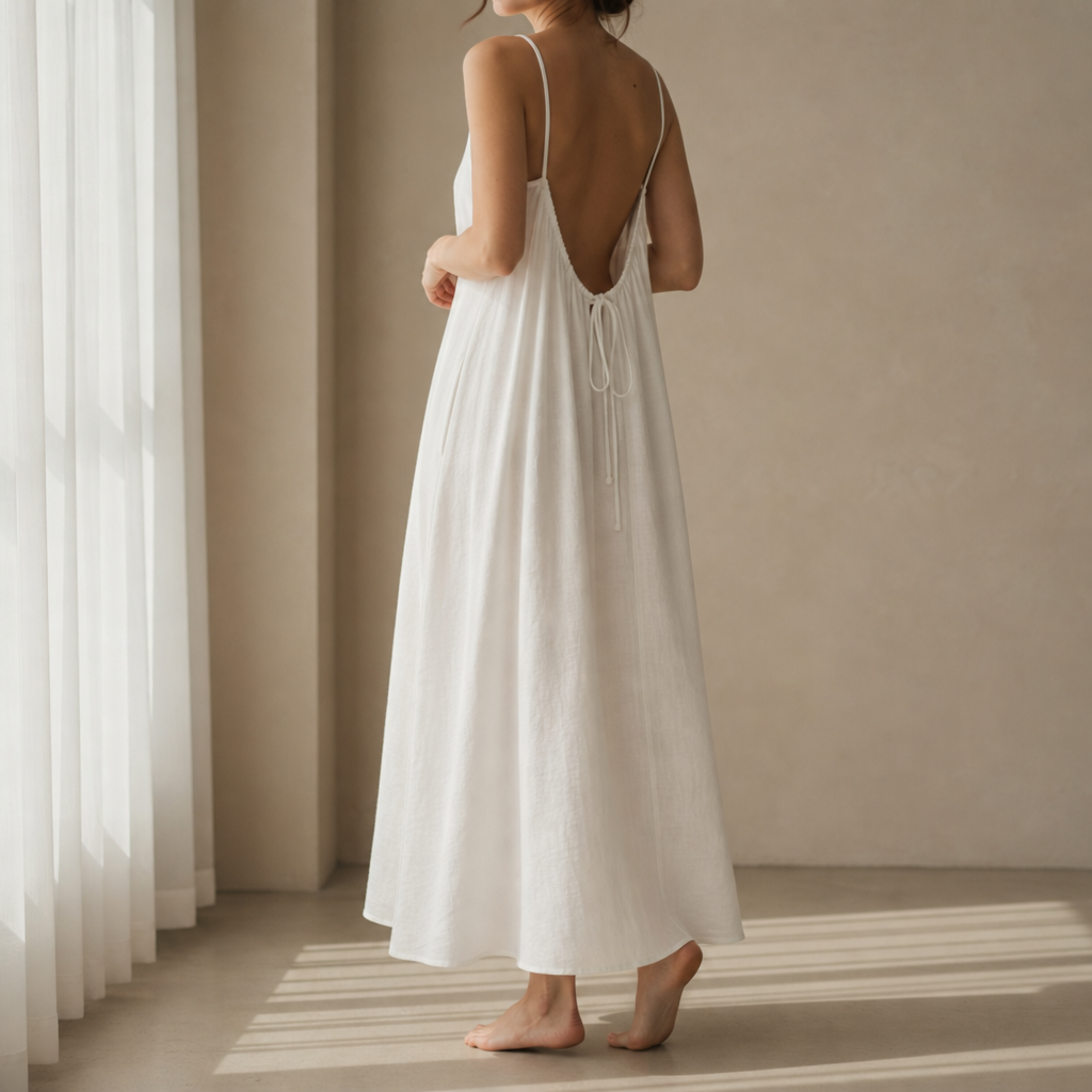 Opatija Backless Linen Maxi Dress in White