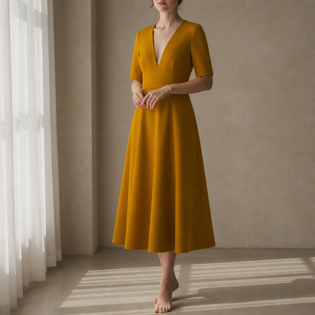 Gaeta Deep V Satin Midi Dress in Yellow