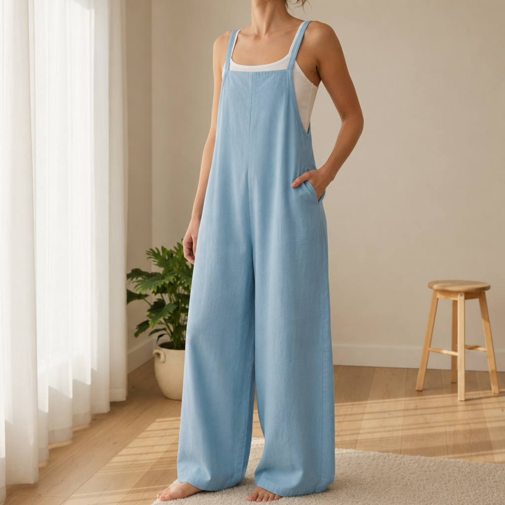 Corte Linen Bib Overall Jumpsuit in Light Blue