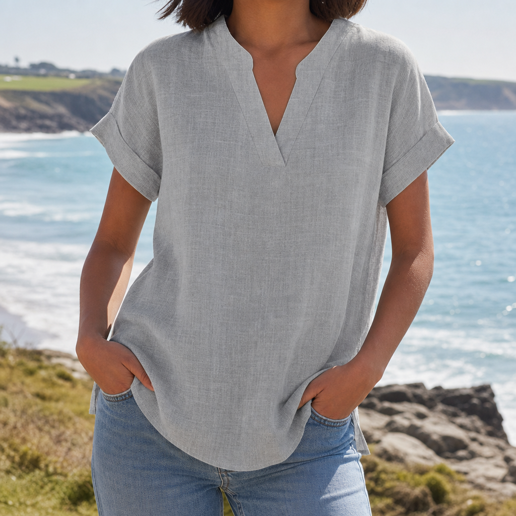 Tarifa Notched V-Neck Blouse in Light Gray