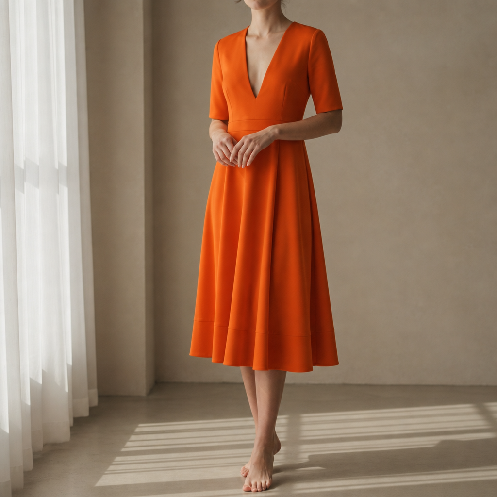 Gaeta Deep V Satin Midi Dress in Orange