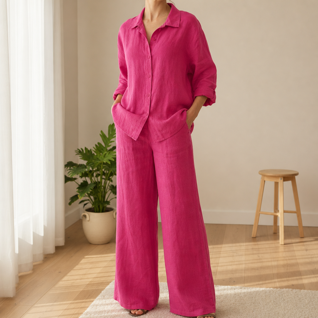 Comillas Linen Two-Piece Set in Rose Red