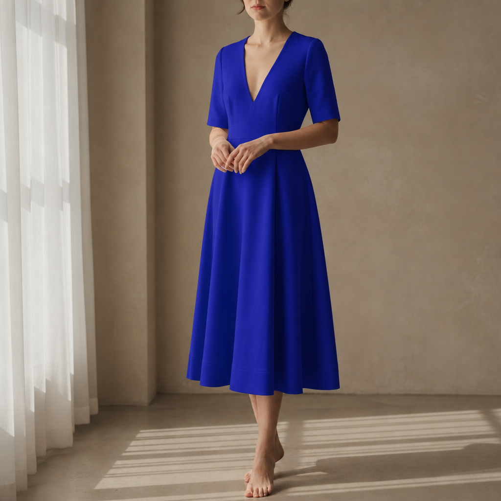 Gaeta Deep V Satin Midi Dress in Blue