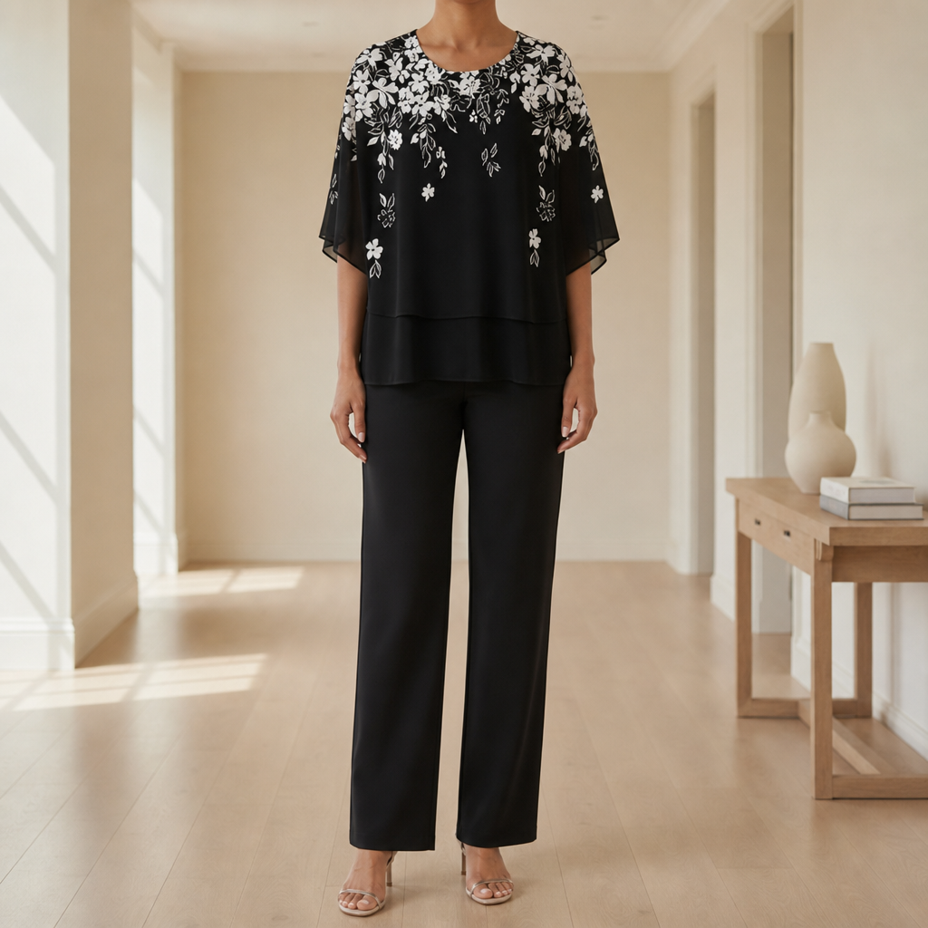 Beziers Floral Chiffon Two-Piece Set in Black