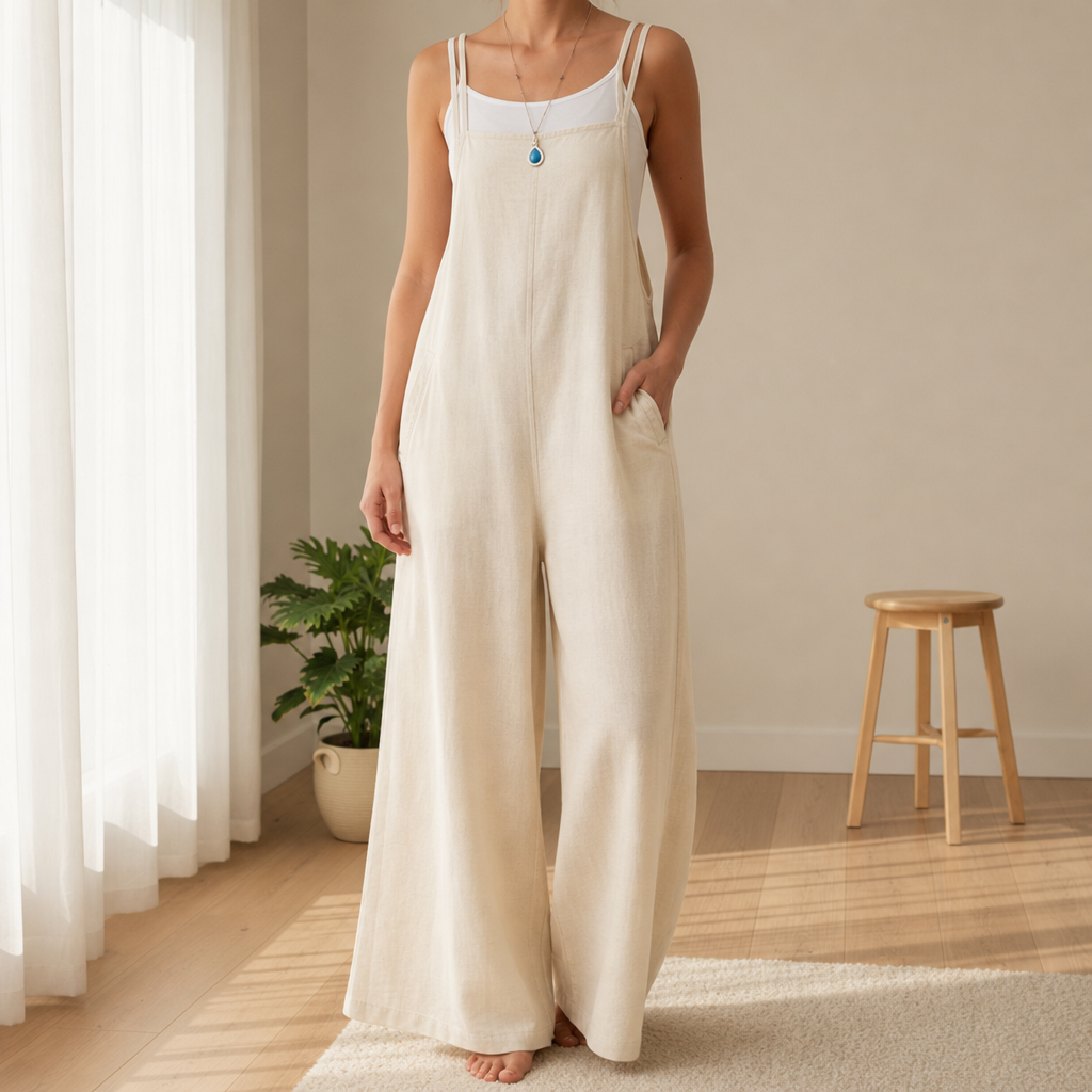 Corte Linen Bib Overall Jumpsuit in Apricot