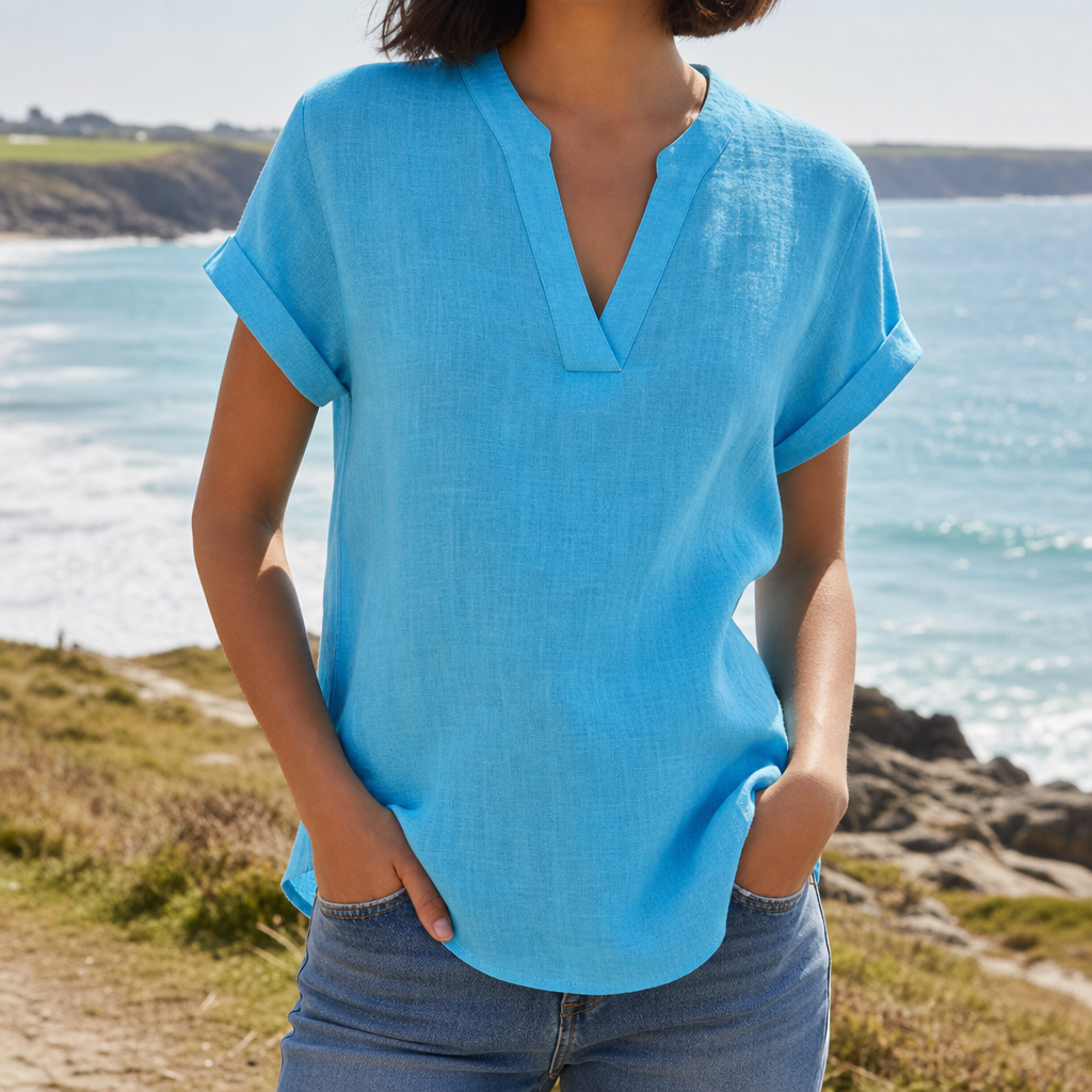 Tarifa Notched V-Neck Blouse in Blue