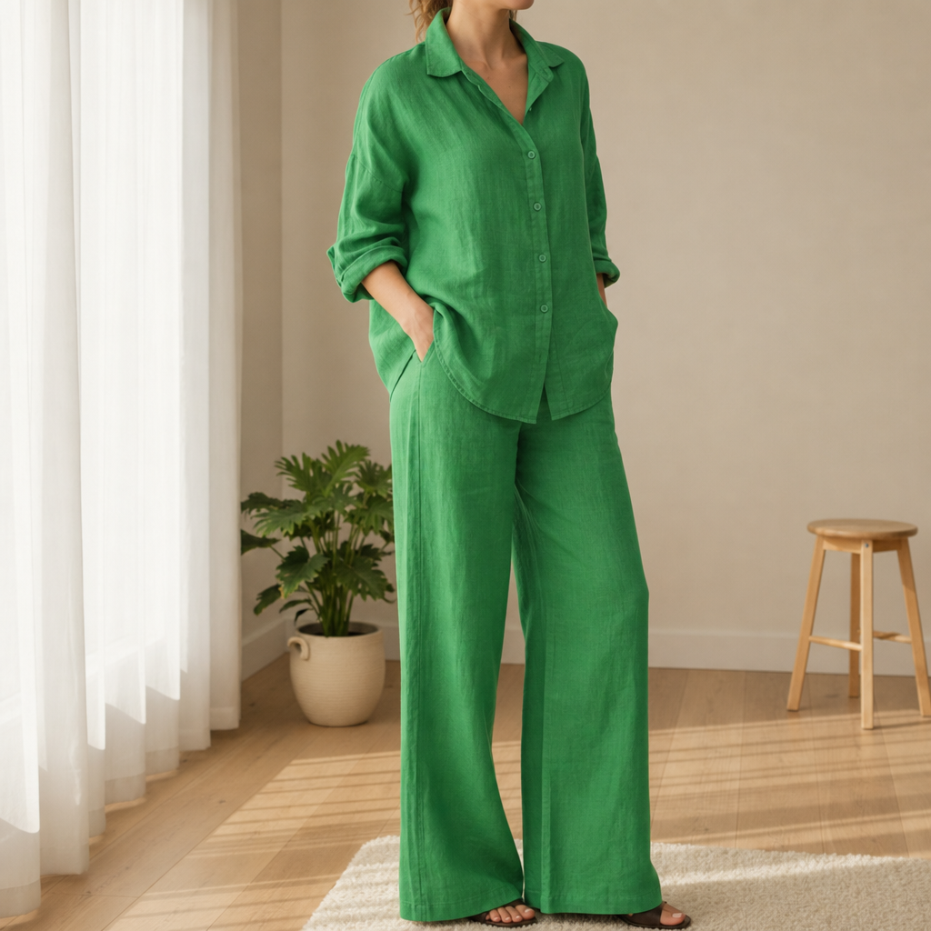 Comillas Linen Two-Piece Set in Deep Green