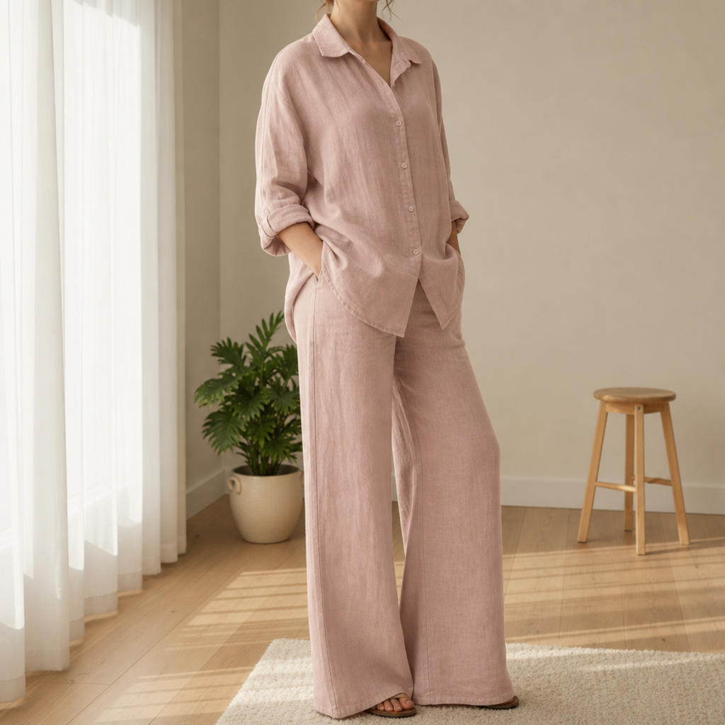Comillas Linen Two-Piece Set in Light Pink