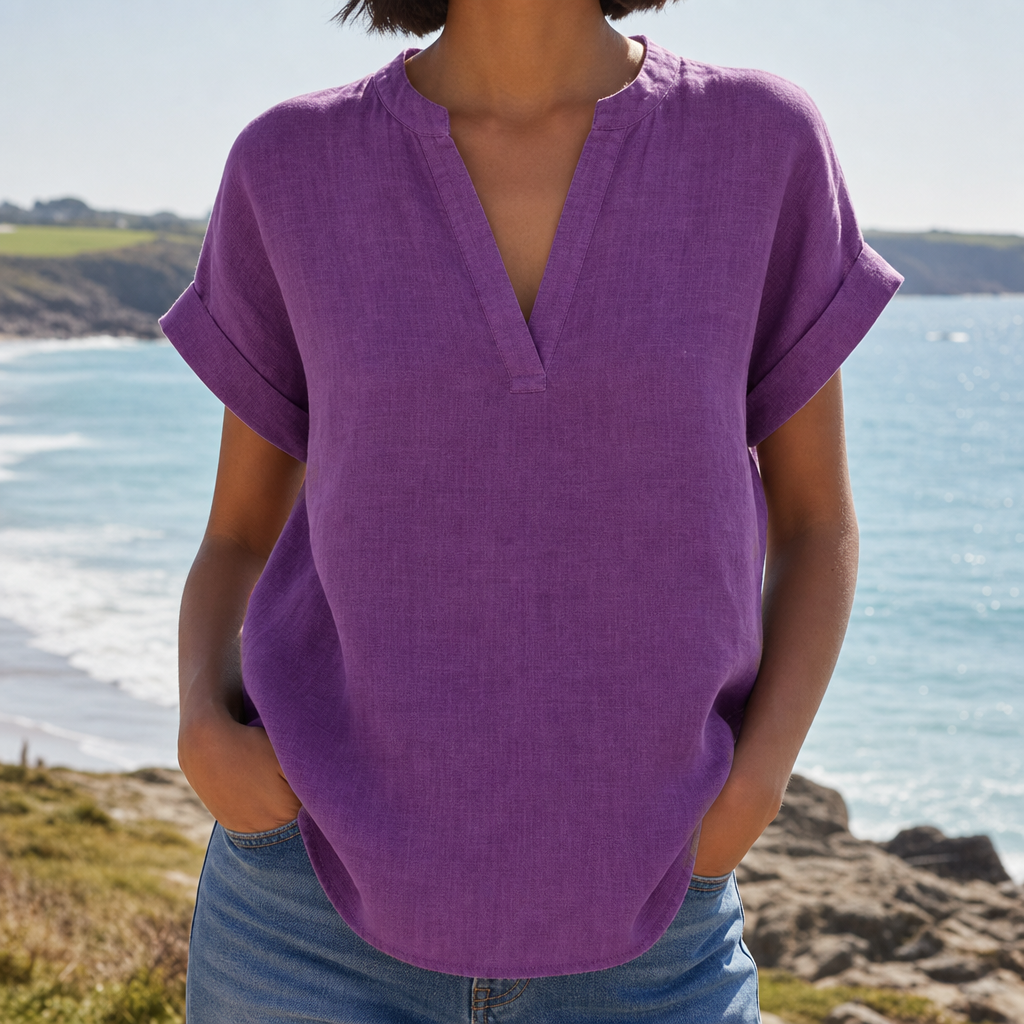 Tarifa Notched V-Neck Blouse in Purple