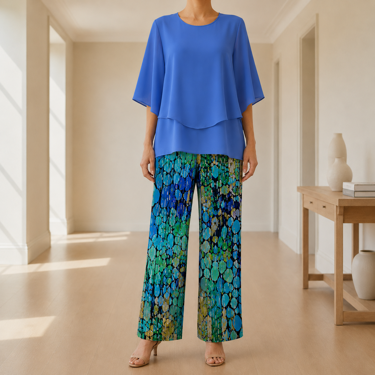 Beziers Floral Chiffon Two-Piece Set in Green