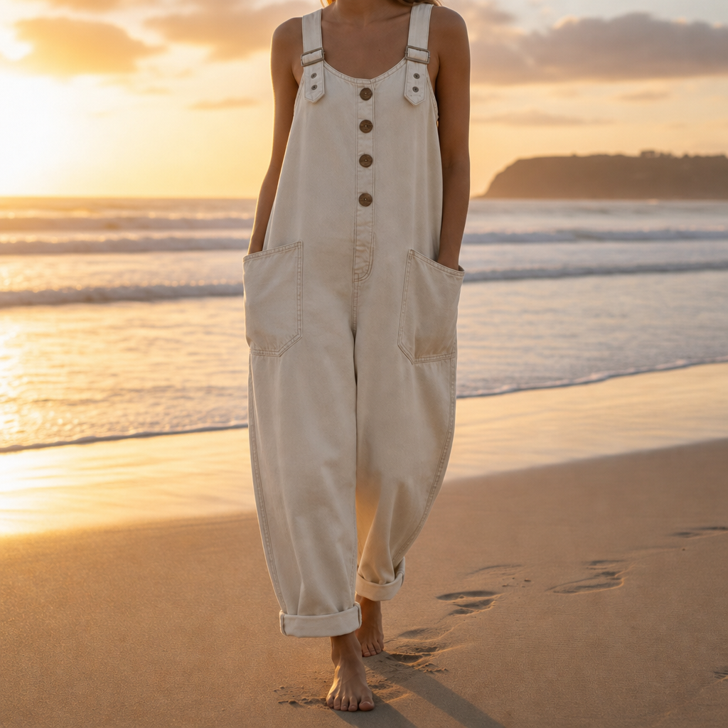 Figueres Relaxed Denim Overalls in Beige