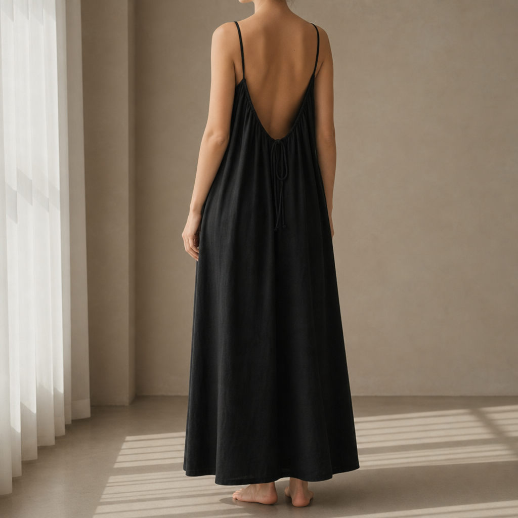 Opatija Backless Linen Maxi Dress in Black