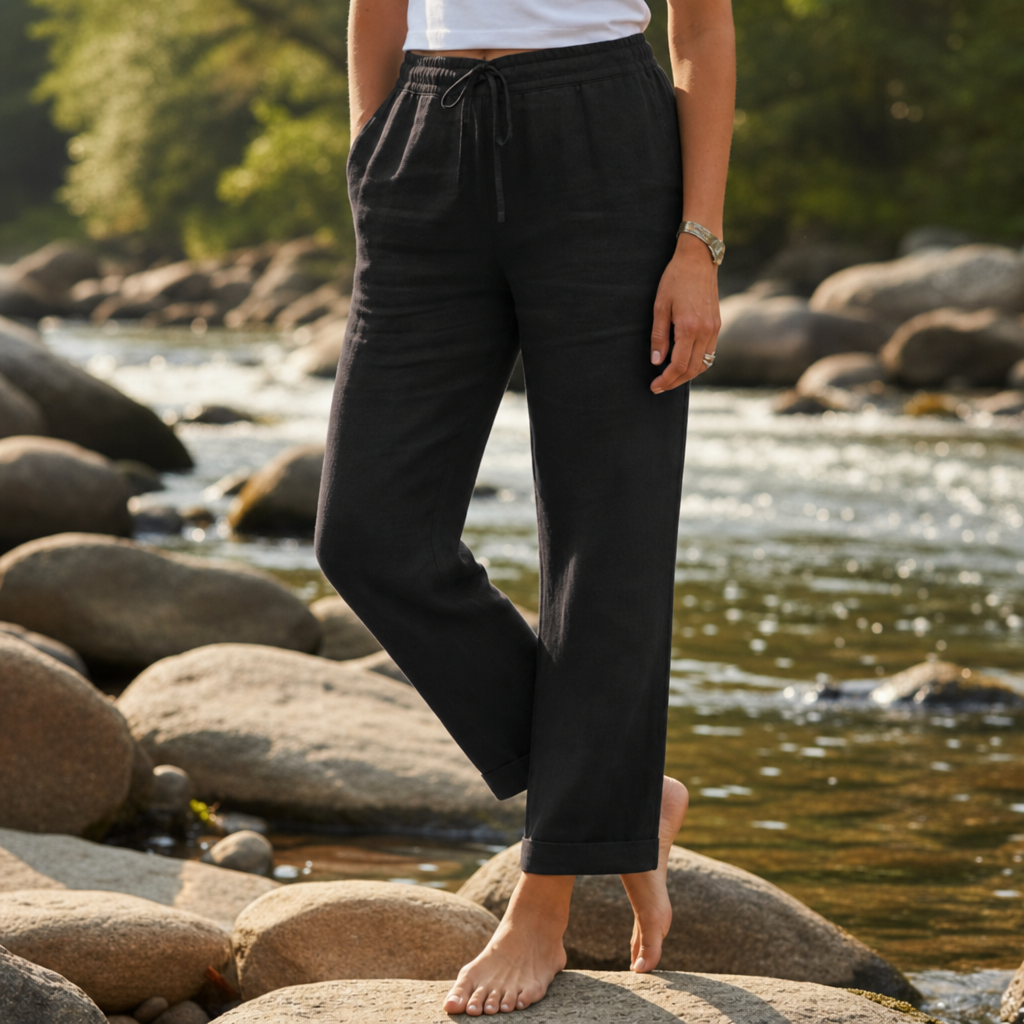 Alberobello Relaxed Drawstring Linen Pants in Black
