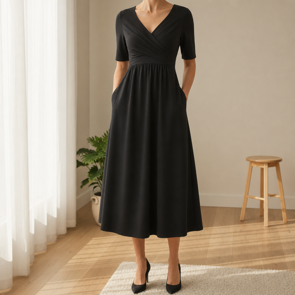 Rethymno Crossover Bodice Midi Dress in Black