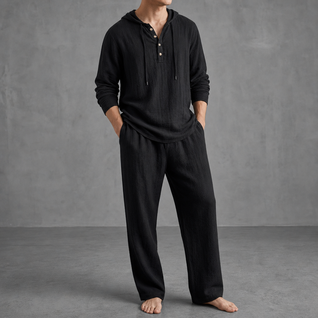 Folegandros Hooded Henley Linen Set in Black