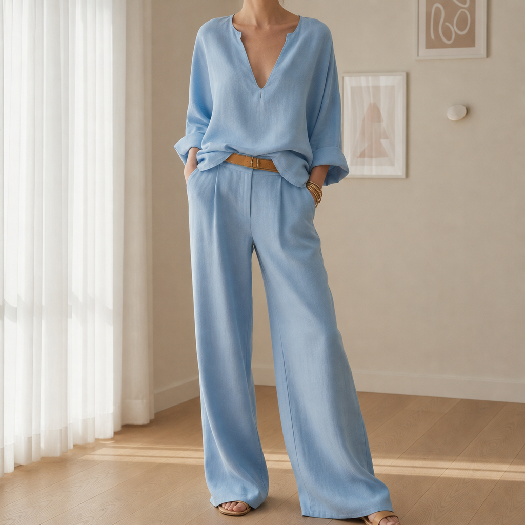 Menerbes Linen Wide Leg Set in Blue