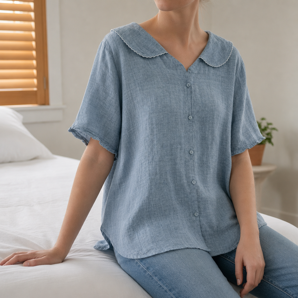 Zakynthos Doll Collar Linen Blouse in Blue