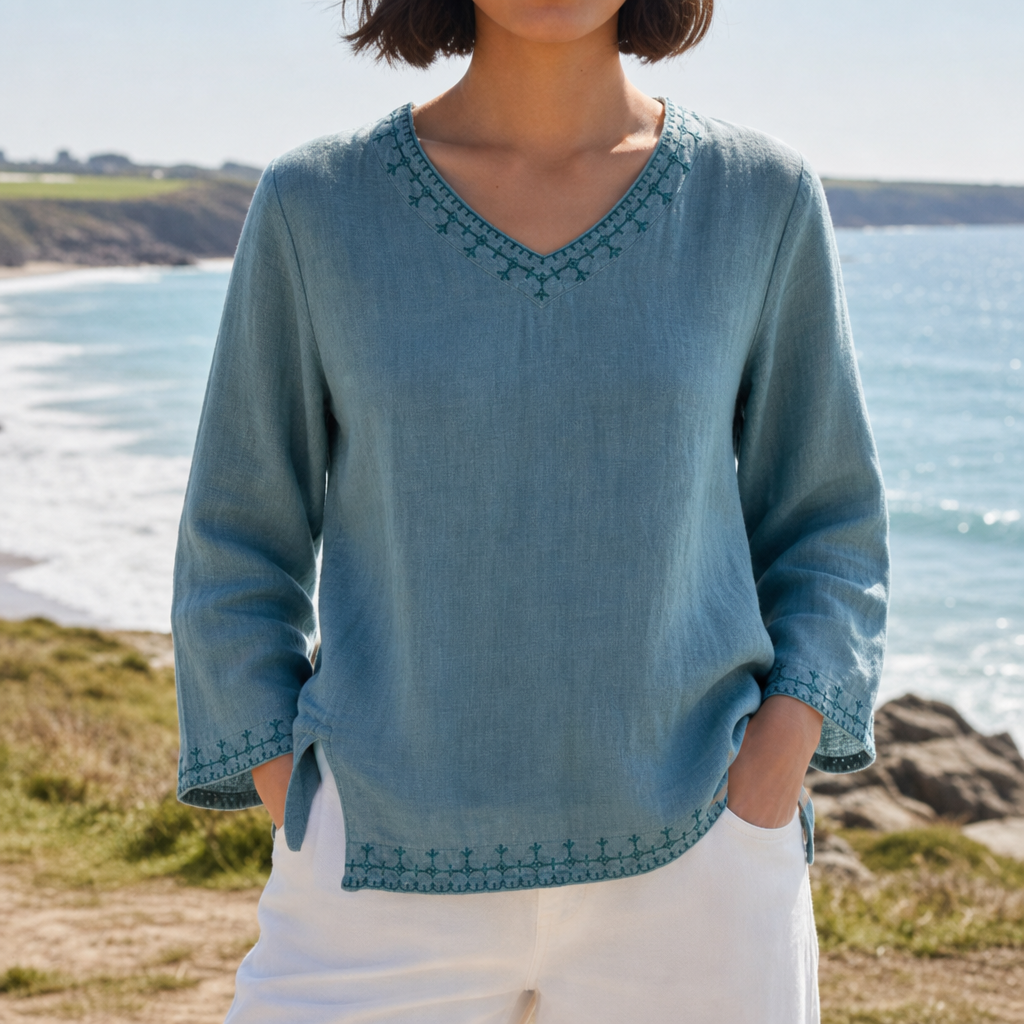 Merano Embroidered Linen Blouse in Blue