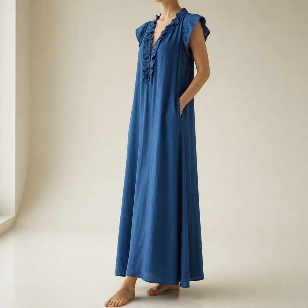 Hydra Ruffle V-Neck Maxi Dress in Blue