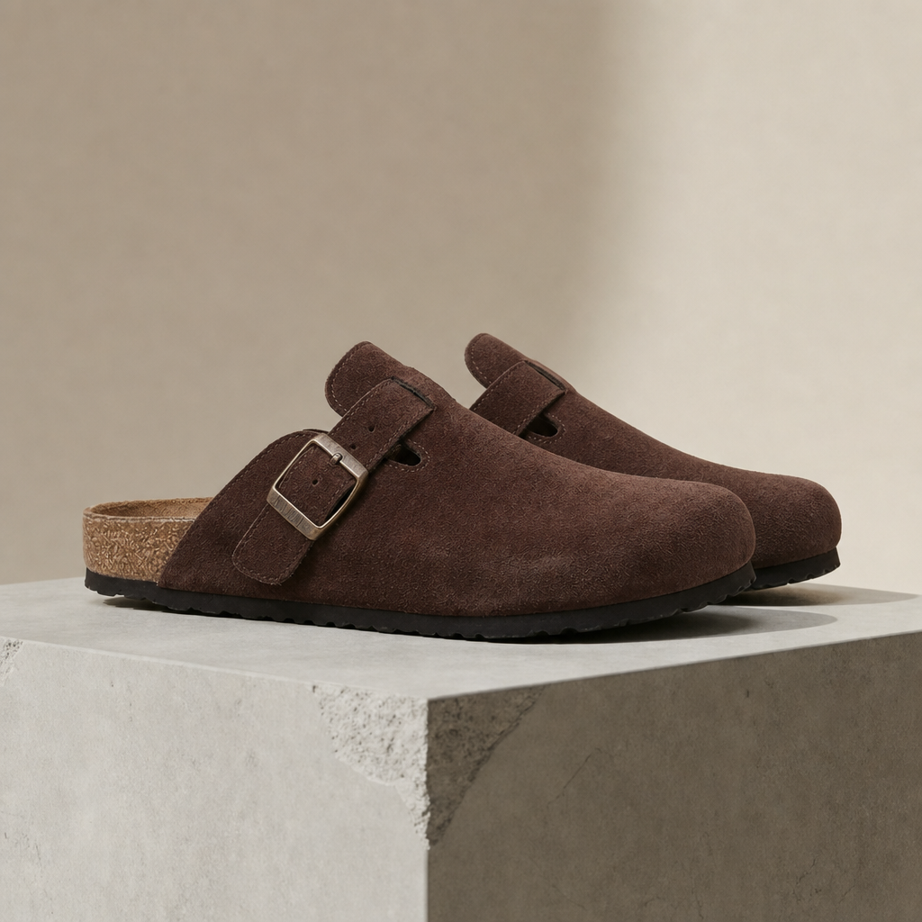 Nazare Suede Buckle Clogs in Brown