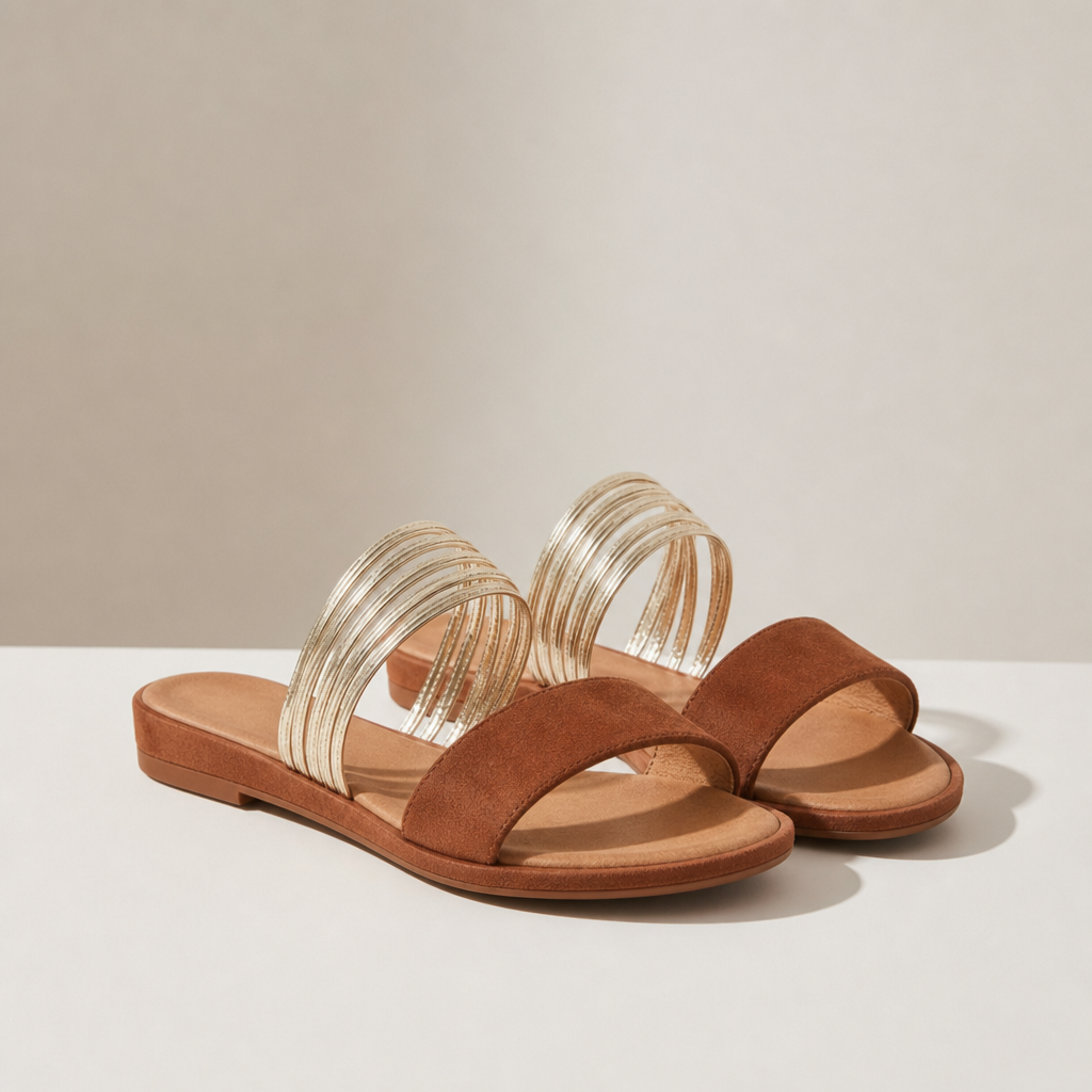 Birgu Gold Multi-Strap Slides in Chestnut Brown