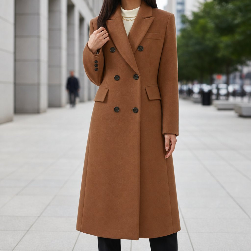Chania Double Breasted Wool Overcoat in Dark Brown