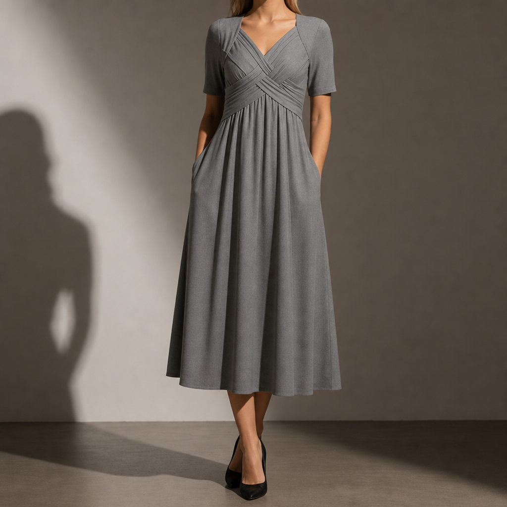Nazare Ruched V-Neck Midi Dress in Gray