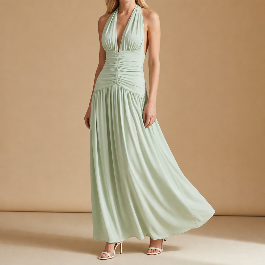 Almeria Ruched Halter Maxi Dress in Green