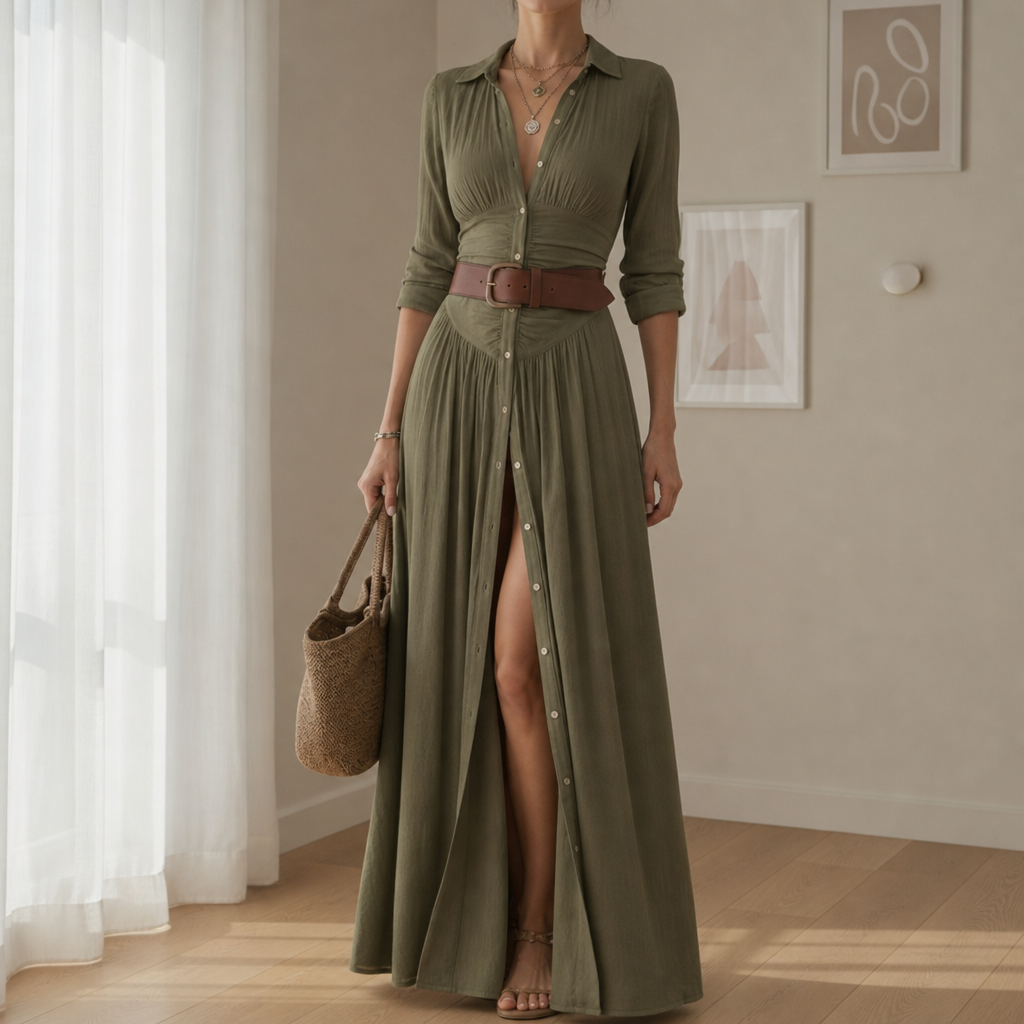 Milos Belted Button-Front Maxi Dress in Green