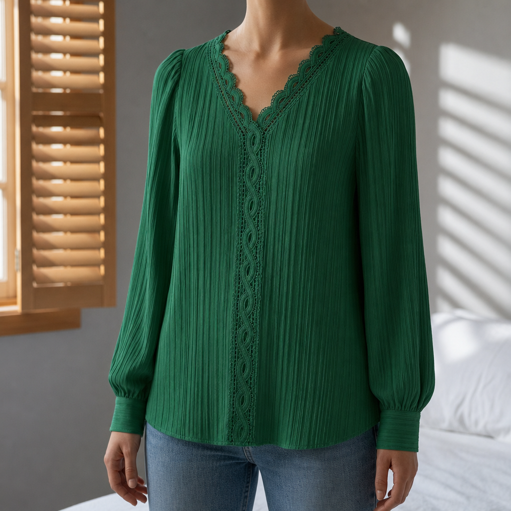 Arezzo Lace Trim V-Neck Blouse in Green