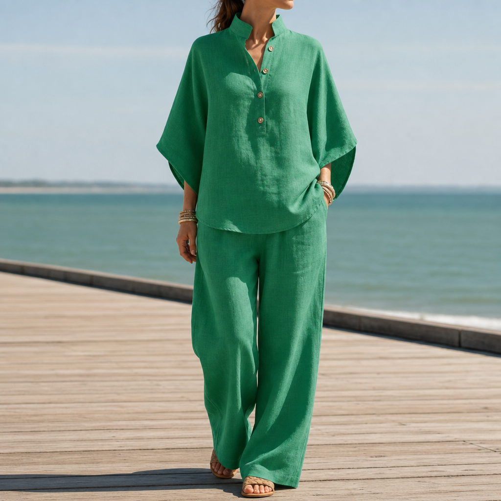 Kakopetria Linen Kimono Sleeve Set in Green