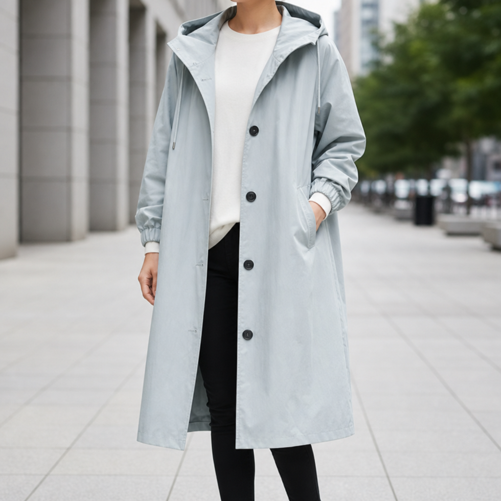 Silves Hooded Long Trench Coat in Light Blue